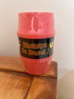 New with plastic Monkeys In Barrel Red Plastic Barrel Cup Stack